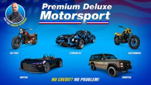 Les voitures Benefactor Stirling GT, Canis Seminole Frontier, Hijak Ruston et les motos Western Cliffhanger et Western Rat Bike qui sont les véhicules disponibles dans la concession Premium Deluxe Motorsport cette semaine.