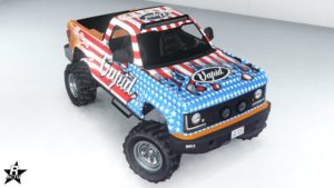 Le skin "Fabriqué aux États-Unis" qui représente un drapeau américain, sur la carrosserie du véhicule Vapid Riata