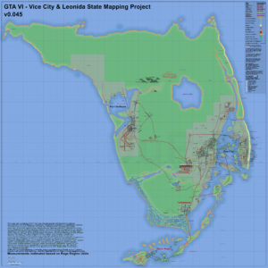 Potentielle map de GTA 6 en se basant sur les images présentes dans le premier trailer et des les vidéos qui avaient fuité en 2022