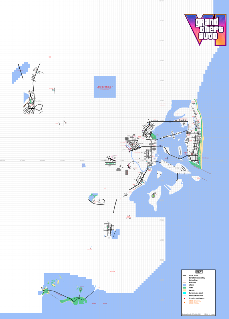 Estimation de la carte de GTA 6 contenant la ville de Vice City et l'État de Leonida. Cette estimation de la carte a été réalisé par "Fido_le_muet" et date du 11 mars 2024
