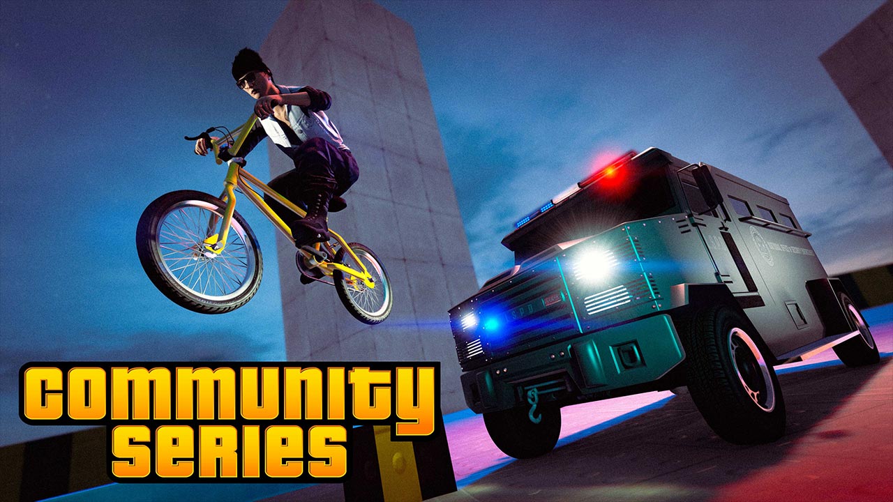 Un fourgon de police poursuivant un vélo dans une activité de la communauté de GTA Online