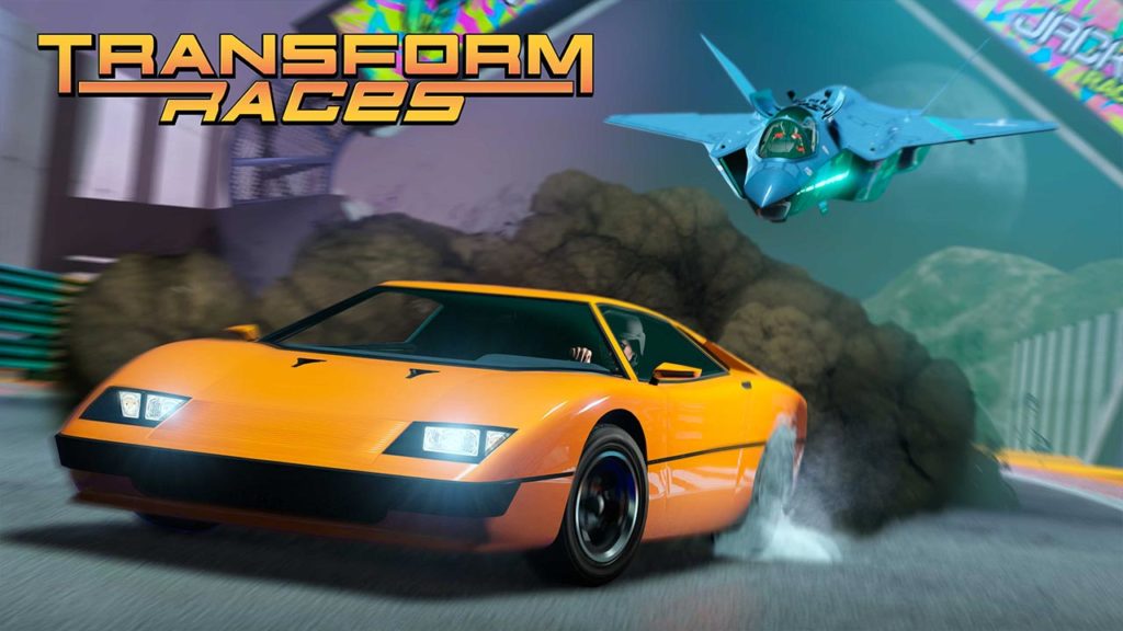Une voiture Stromberg se faisant poursuivre par un avion de chasse dans une course polymorphe dans le jeu GTA Online