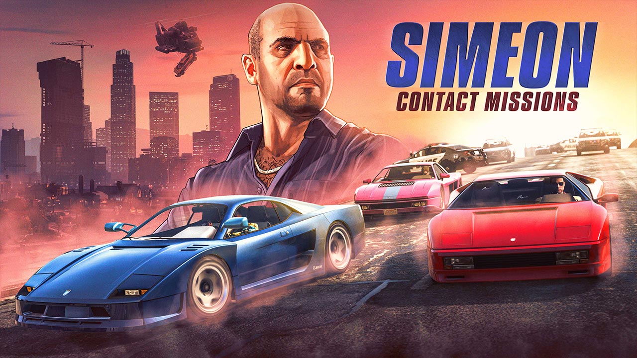 Trois sportives classiques poursuivit sur le périphérique de Los Santos par des voitures de police lors d'une mission de contact de Simeon Yetarian dans le jeu GTA Online.
