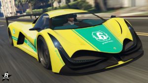 L'avant de la Principe Deveste Eight, elle est de couleur jaune principalement avec des éléments de couleurs vertes