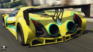 Vue arrière de la voiture Principe Deveste Eight qui est de couleur jaune