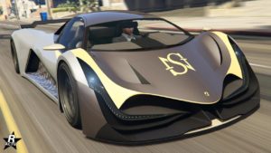 Vue avant de la Principe Deveste Eight, la carrosserie du véhicule est grise et dispose du motif Sessanta Nove