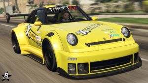 Vue avant de la Pfister Comet Rétro Custom, la sportive de chez Benny's est de couleur jaune