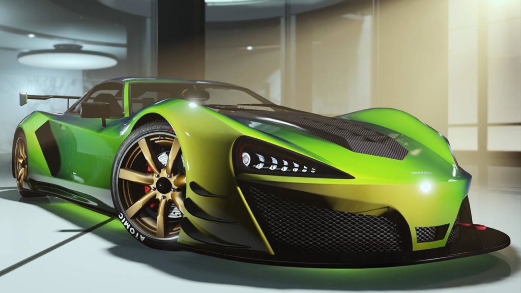 Vue avant de la Progen Itali GTB, il s'agit de l'une des voitures présents dans le jeu vidéo Grand Theft Auto Online. Le véhicule est de couleur vert et a été photographié dans le garage de PDG