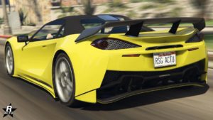 La voiture Progen Itali GTB vue de son arrière, elle est de couleur jaune