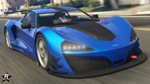 L'avant de la voiture Progen Itali GTB dans le jeu GTA Online, sa carrosserie est de couleur bleue