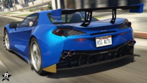 Vue arrière de la Progen Itali GTB qui apparaît en bleu sur l'image