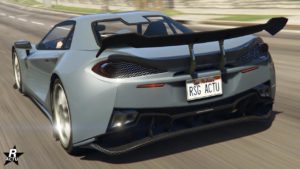 La voiture Progen Itali GTB de couleur grise vue de derrière