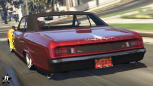 Vue arrière de la Albany Buccaneer Custom, la voiture est peinte en rouge sang