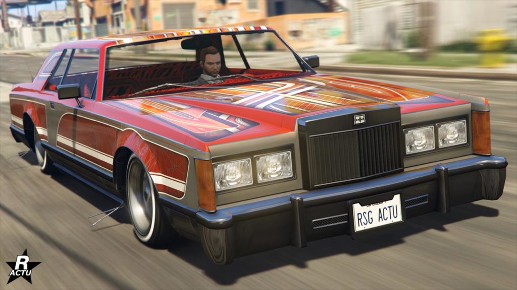 L'avant de la voiture Dundreary Virgo Classique Custom dans le jeu Grand Theft Auto Online, le véhicule est de couleur rouge