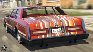 La Dundreary Virgo Classique Custom vue de derrière, elle est de couleur rouge avec un motif de formes géométriques de couleurs banc et beige