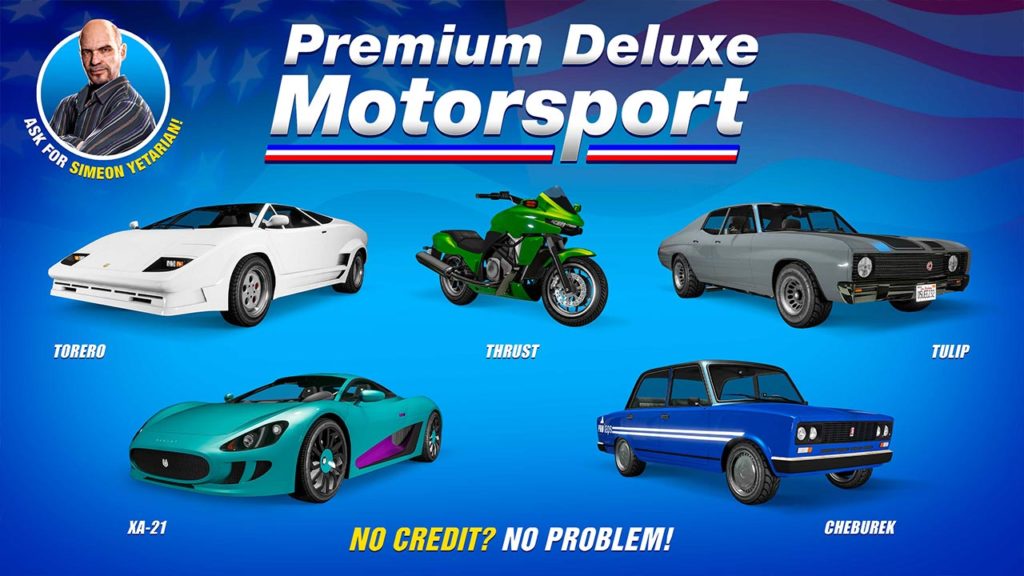 La Declasse Tulip, la Dinka Thrust, l'Ocelot XA-21, la Pegassi Torero et RUNE Cheburek, sont les véhicules disponibles cette semaine dans la concession auto Premium Deluxe Motorsport