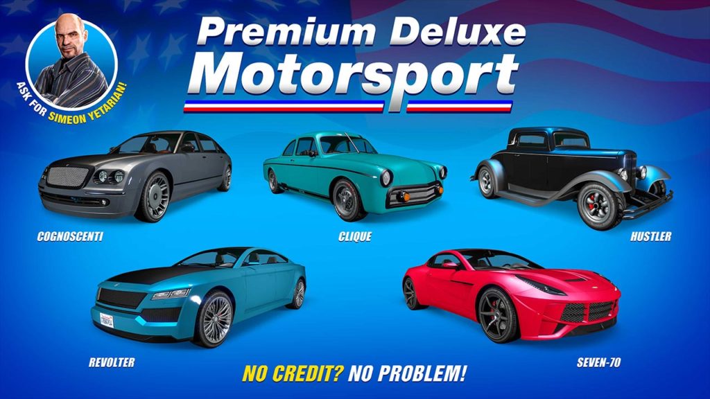La sélection de voitures disponibles cette semaine dans la concession auto Premium Deluxe Motorsport de Simeon, il s'agit des voitures suivantes : Dewbauchee Seven-70, Enus Cognoscenti, Ubermacht Revolter, Vapid Clique et le Vapid Hustler