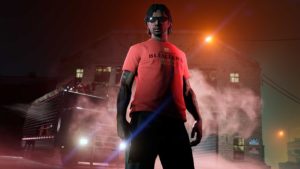 Le t-shirt Blêuter'd porté par un personnage de GTA Online. Le t-shirt est de couleur rouge et porte l'inscription "Blêuter'd" en noir