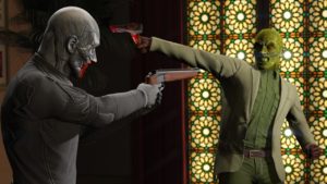 Deux personnages de GTA Online se mettant en joue dans le mode rivalité "T'as pas deux balles ?"