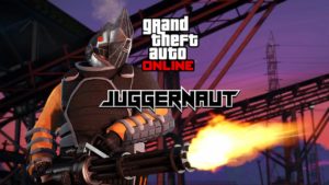 Un juggernaut avec un minigun dans le mode rivalité "Cuirassé" dans le jeu vidéo GTA Online.