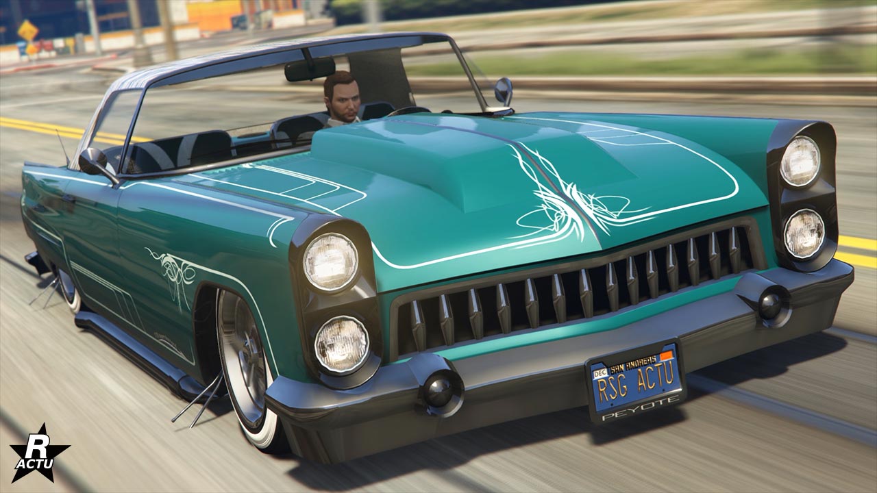 GTA Online - Mise à jour Pack Spécial Été à Los Santos - Véhicules - Sportives classiques - Vapid Peyote custom - Image 4 - 1280p x 720p - Qualité 50% - Picture by Rockstar Actu L'avant de la Vapid Peyote Custom, la voiture de chez Benny's est de couleur vert pétrole