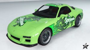Le vinyle "Sprunk" présent sur la carrosserie de l'Annis ZR350, le motif correspond à des éclaires de couleurs verts avec des points noir à l'intérieur, le logo 'Sprunk' se trouve également sur la carrosserie.