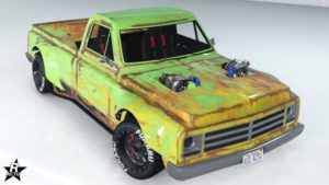 Le skin "Flammes délavées" sur la Declasse Yosemite Drift. Le motif représente des flammes jaunes vieillies par le temps à l'avant du véhicule ainsi que des effets de rouilles qui recouvrent intégralement le bolide
