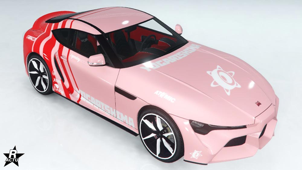 La voiture Jester RR dans GTA Online avec le motif "Yogarishima" appliqué sur sa carrosserie.