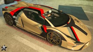 La supersportive Ignus armée dans GTA Online avec le motif "Bandes turbo" présent sur sa carrosserie.