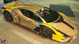 Le motif de voiture de course sponsorisée par Pisswasser sur la Pegassi Ignus armée
