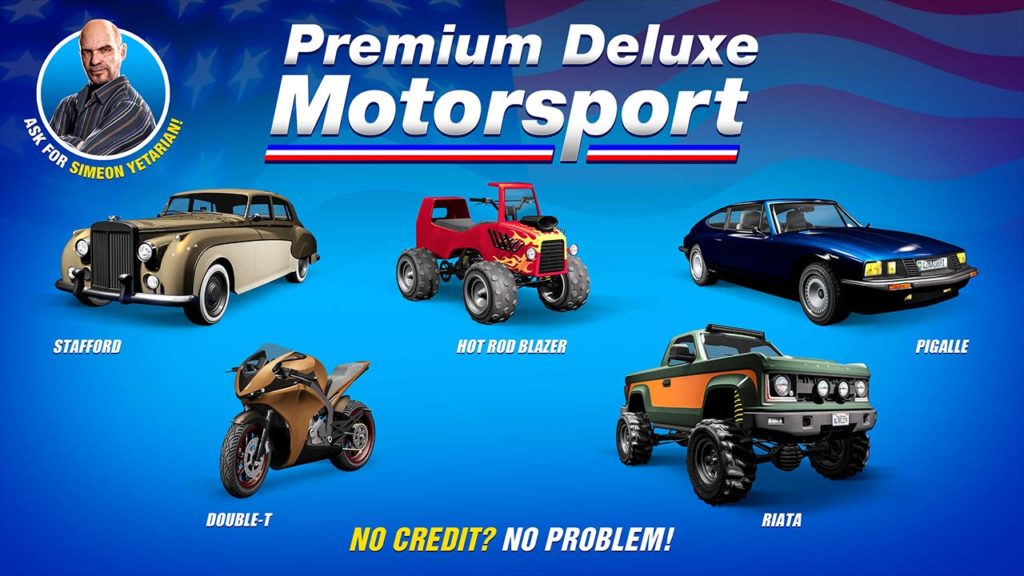Affiche promotionnelle de la concession auto Premium Deluxe Motorsport de Simeon dans GTA Online, on y voit les véhicules suivants qui sont en stock cette semaine : Blazer Hot Rod, Double-T ,Pigalle, Riata et la Stafford.