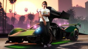Le t-shirt Dewbauchee blanc sur un personnage féminin de GTA Online