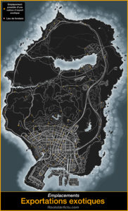 Carte de GTA Online affichant les différents emplacements possibles des voitures d'exportations exotiques