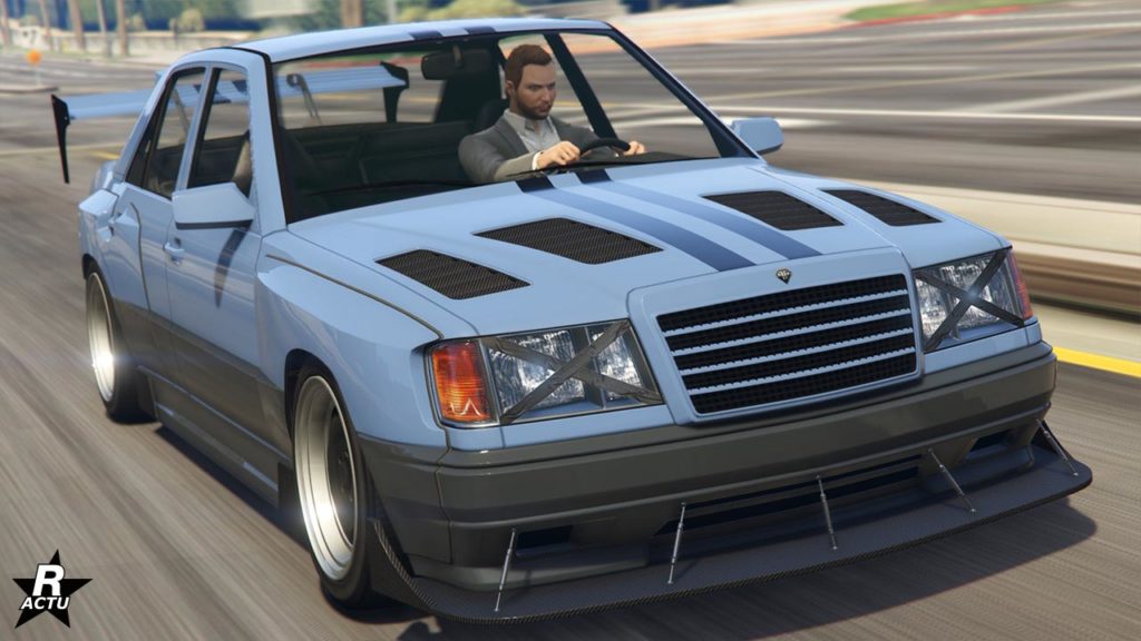 Vue avant de la Benefactor Vorschlaghammer, il s'agit d'une voiture allemande dans le jeu vidéo GTA Online. La couleur de la carrosserie est un gris bleuté sur la partie supérieure du véhicule, et gris foncé sur la partie basse.