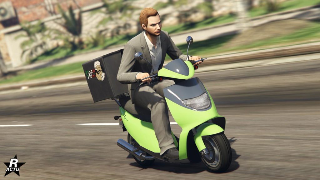 L'avant de la Pegassi Pizza Boy, il s'agit d'une moto de couleur vert lime dans le jeu vidéo GTA Online.