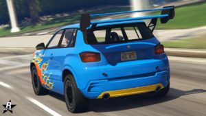 Vue de l'arrière du véhicule Canis Castigator dans GTA Online. Il s'agit d'un SUV moderne de couleur bleu. Un aileront imposant de course est fixé au niveau de la lunette arrière du pare-brise.
