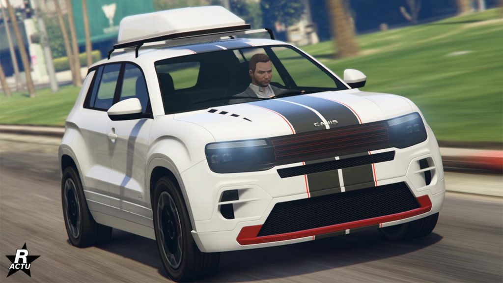 Vue avant d'un SUV blanc, le Canis Castigator dans GTA Online. La carrosserie dispose de quelques finitions de couleur rouge et le capot est traversé verticalement par une double bande grises anthracite.