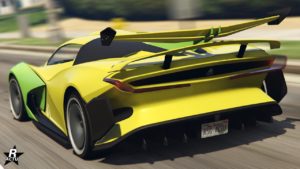L'arrière du bolide de luxe Overflod Pipistrello, il s'agit d'n concept car de couleur jaune et vert lime.