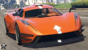 L'avant de l'Overflod Pipistrello, la voiture est de couleur orange.