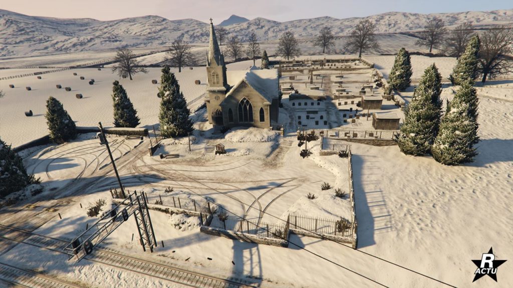 Vue aérienne du cimetière de la ville de Ludendorff qui se trouve dans l'État américain de North Yankton dans le jeu vidéo GTA Online