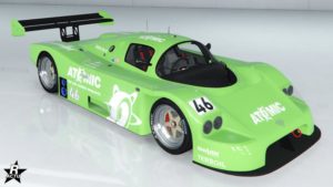 L'ensemble de décalcomanie "Atomic" sur la carrosserie de la voiture Benefactor LM87 dans le jeu vidéo GTA Online.