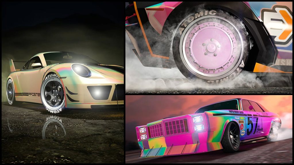 Image montrant les peintures caméléon Perle jaune pastel, Perle prismatique rose et Perle mauve clair sur des voitures dans le jeu vidéo GTA Online
