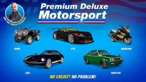 Image publicitaire regroupant les voitures 190z, ETR1, Hakuchou, Savestra et le Verus qui sont tout les cinq disponibles dans la concession automobile Premium Deluxe Motorsport cette semaine.