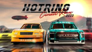 Deux voitures Hotring au coude à coude dans une une course de Stock-Car dans le jeu vidéo GTA Online.