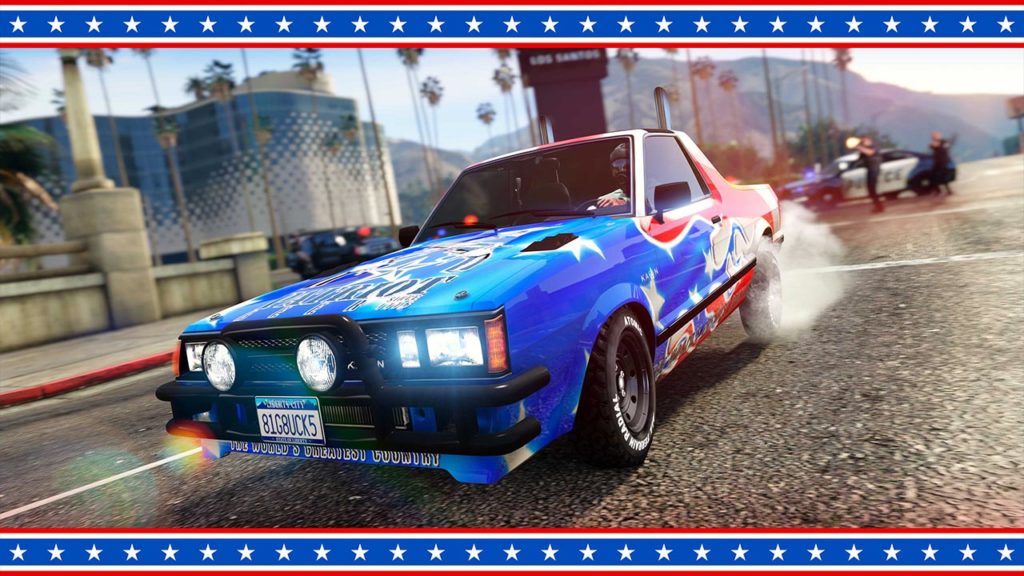 La voiture Karin Boor vue de l'avant, la carrosserie dispose d'un motif qui la recouvre intégralement du drapeau des États-Unis et elle dispose d'une plaque d'immatriculation de l'État de Liberty City.