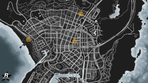 Carte de la ville de Los Santos du jeu GTA Online, révélant les 3 emplacements des pizzérias "Pizza This…" où il est possible de lancer des missions de livreur de pizzas.