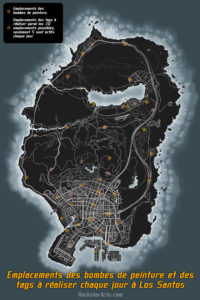 Carte de GTA Online révélant les emplacements de bombes de peinture à ramasser et les tags à recouvrir à Los Santos.