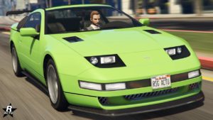 L’image montre une voiture de type coupé, l'Annis Eruros X32 de couleur vert lime vue de l’avant. Le véhicule présente des phares escamotables, une grille noire avec un motif en maille, et un badge distinctif au centre du capot. La plaque d’immatriculation indique “RSG ACTU”.