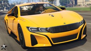 L’image montre une voiture de sport jaune vif avec le capot fermé, arborant un design élégant avec des lignes nettes et des courbes aérodynamiques. Il s'agit du véhicule allemand Ubermacht Niobe. La voiture possède des phares LED distinctifs, une calandre chromée avec des lamelles horizontales et de grandes prises d’air sur le pare-chocs avant. Le véhicule est représenté sous un angle dynamique suggérant le mouvement du véhicule.