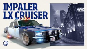 Image publicitaire mettant en avant la voiture de police Declasse Impaler LX Cruiser sous un fond beige. La voiture est de couleur bleue et blanche et elle a ses gyrophares allumés. Sur le coté droit de l'image, une photographie de la ville de Los Santos de nuit, se trouve encadrée par le fond beige de l'image.